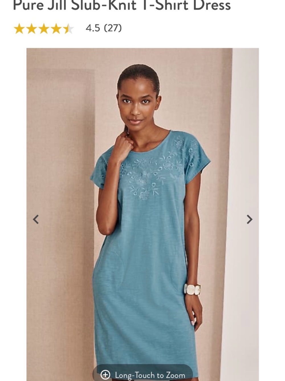 J. Jill Teal Embroidered Slub-Knit T-Shirt Dress